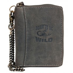 Šedá kožená peněženka Born to be wild se škorpionem dokola na zip s řetězem a karabinkou