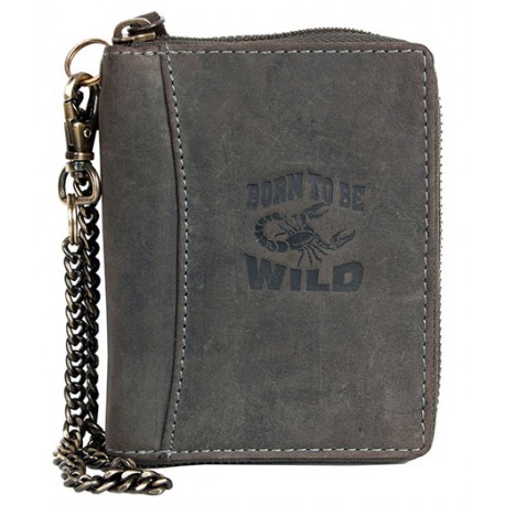Šedá kožená peněženka Born to be wild se škorpionem dokola na zip s řetězem a karabinkou