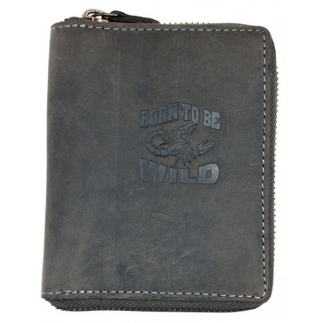 Kožená tmavě šedá peněženka Born to be wild se škorpionem celá dokola na kovový zip