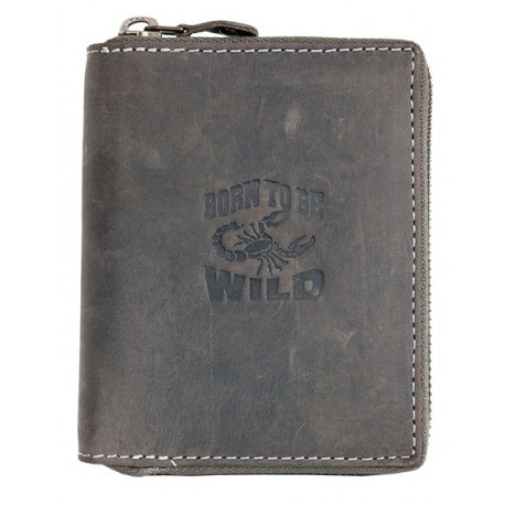 Kožená tmavě šedá peněženka Born to be wild se škorpionem celá dokola na kovový zip