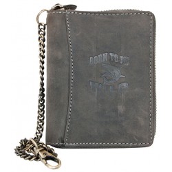 Šedá kožená peněženka Born to be wild se žralokem dokola na zip s řetězem a karabinkou