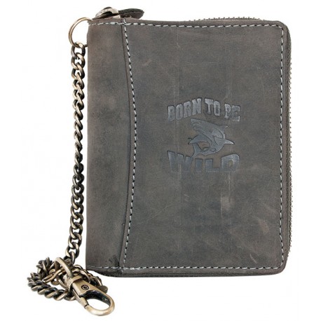 Šedá kožená peněženka Born to be wild se žralokem dokola na zip s řetězem a karabinkou
