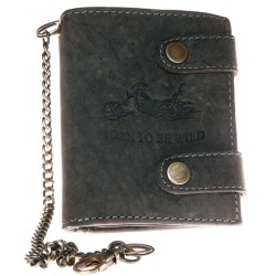 Kožená tmavě šedá peněženka Born to be wild s motorkou, se dvěma upínkami a 30 cm dlouhým kovovým řetězem a karabinkou