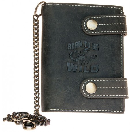 Kožená tmavě šedá peněženka Born to be wild se škorpionem, se dvěma upínkami a 30 cm dlouhým kovovým řetězem a karabinkou