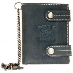 Kožená tmavě šedá peněženka Born to be wild se žralokem, se dvěma upínkami a 30 cm dlouhým kovovým řetězem a karabinkou