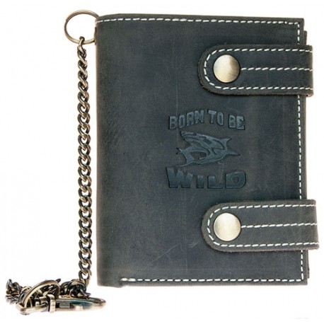 Kožená tmavě šedá peněženka Born to be wild se žralokem, se dvěma upínkami a 30 cm dlouhým kovovým řetězem a karabinkou