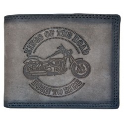 Šedá celá kožená peněženka Born to ride s motorkou s ochranou dat na kartách (RFID)