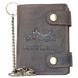 Kožená tmavě hnědá peněženka Born to be wild s motorkou, se dvěma upínkami a 45 cm dlouhým řetězem a karabinkou