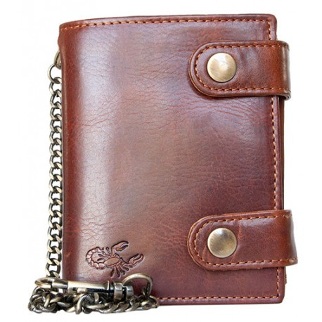 Pánská celokožená motorkářská peněženka se škorpionem a 50 cm dlouhým kovovým řetězem a karabinkou