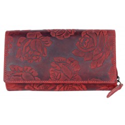 Kožená červená peněženka s ražbou s motivem růží s ochranou dat (RFID)
