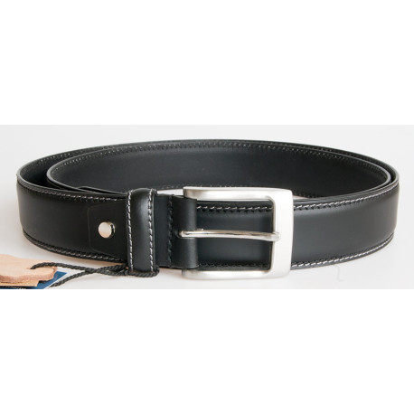 Kožený opasek 110 cm dlouhý sešitý ze dvou vrstev matné černé kůže 34 mm široký