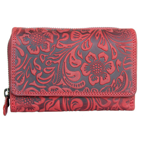 Červeno-červenošedá středně velká kožená peněženka s ornamentální ražbou s ochranou dat (RFID)