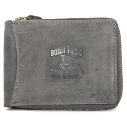 Šedá kožená peněženka Born to be wild dokola na kovový zip
