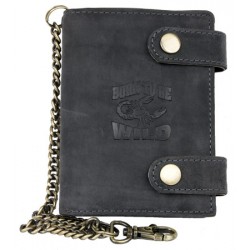 Kožená tmavě šedá peněženka Born to be wild se škorpionem, se dvěma upínkami a 30 cm dlouhým kovovým řetězem a kar
