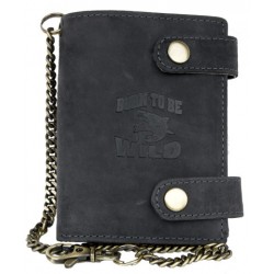 Kožená tmavě šedá peněženka Born to be wild se žralokem, se dvěma upínkami a 30 cm dlouhým kovovým řetězem a karab
