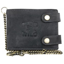 Kožená šedá peněženka Born to be wild se žralokem, se dvěma upínkami a 35 cm dlouhým kovovým řetězem a karabinkou