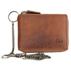 Kožená malá kapesní peněženka s kovovým zipem dokola a řetězem