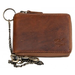 Pánská celá kožená malá kapesní peněženka se žralokem, s kovovým zipem dokola a řetězem