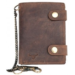 Celá kožená peněženka s býčí hlavou se dvěma upínkami a 35 cm dlouhým kovovým řetězem a karabinkou