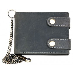 Kožená šedá peněženka se dvěma upínkami a 35 cm dlouhým kovovým řetězem a karabinkou