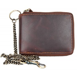 Pánská celá kožená malá kapesní peněženka s kovovým zipem dokola a řetězem bez značek a nápisů