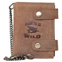 Kožená peněženka se žralokem, se dvěma upínkami a 35 cm dlouhým kovovým řetězem a karabinkou