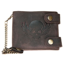 Tmavě hnědá kožená peněženka s lebkou s 45 cm dlouhým řetízkem a karabinkou