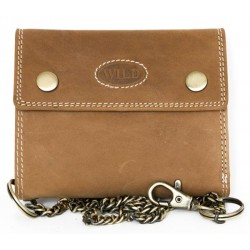 Celá kožená světle hnědá kožená peněženka z pevné přírodní kůže s 45 cm dlouhým řetězem a karabinkou